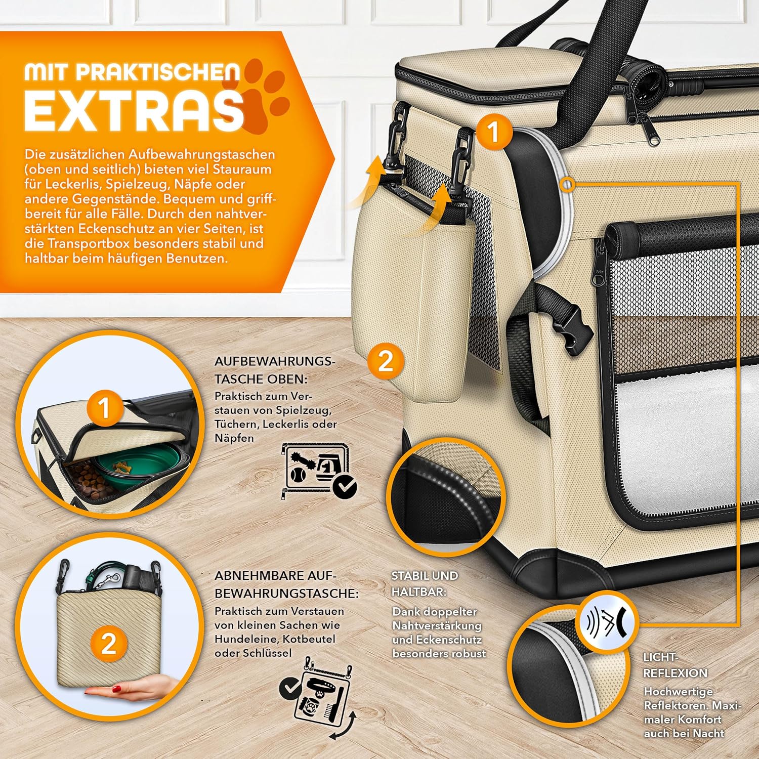 Detalle de TRESKO Hundebox faltbar XXXL (102×69×69 cm) inkl. Leckmatte, Spatel & Reflektoren – Transportbox für Hunde und Katzen