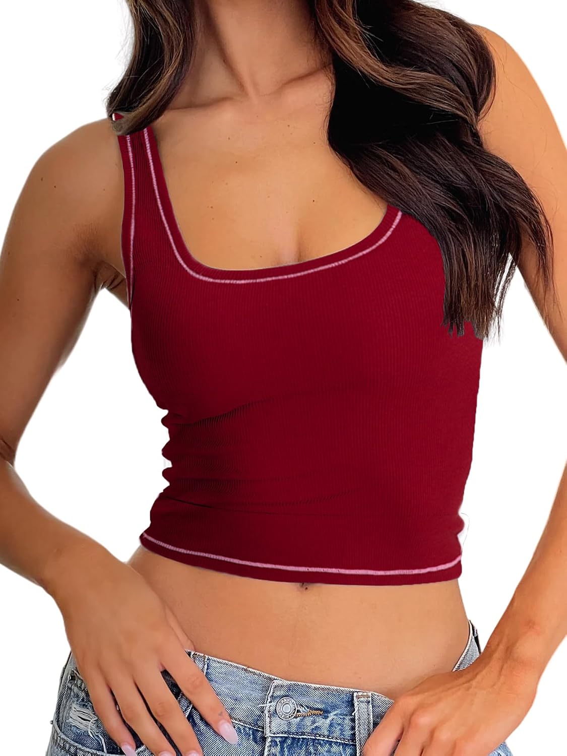 Detalle de Danysu Women Rib Tank Top Padded Workout Top – Square Neck Crop, Fitted Camisole