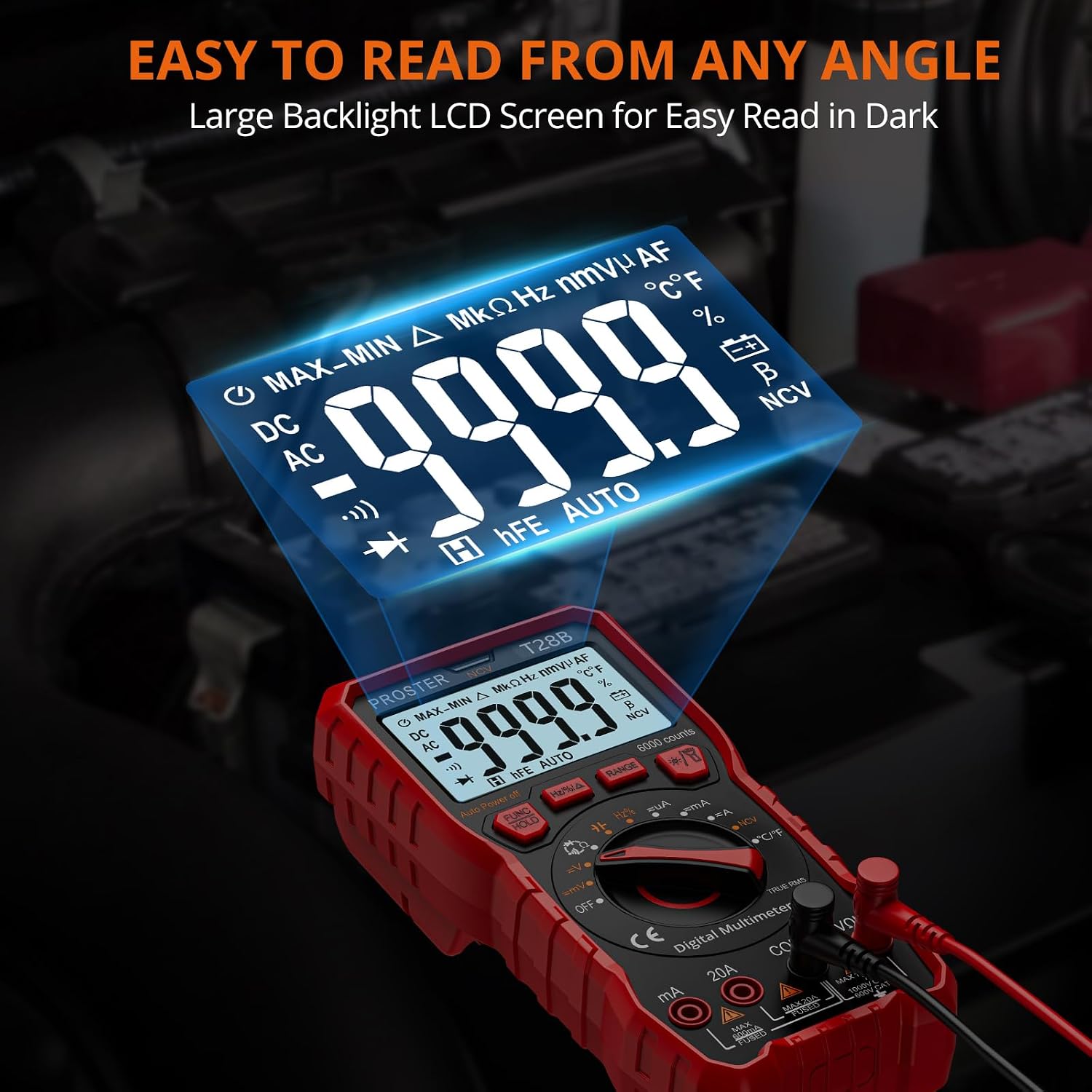 Detalle de PROSTER T28B TRMS Multimeter, 6000-Count, 20A, NCV and Temperature