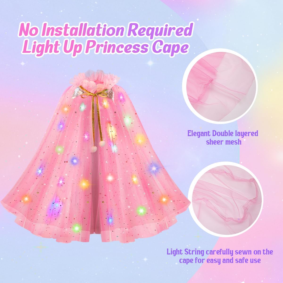 Thumbnail 2 de Meland Princess Dress Up Clothes for Girl with Light-Up Cape, Crown & Wand (Princess Play Set)