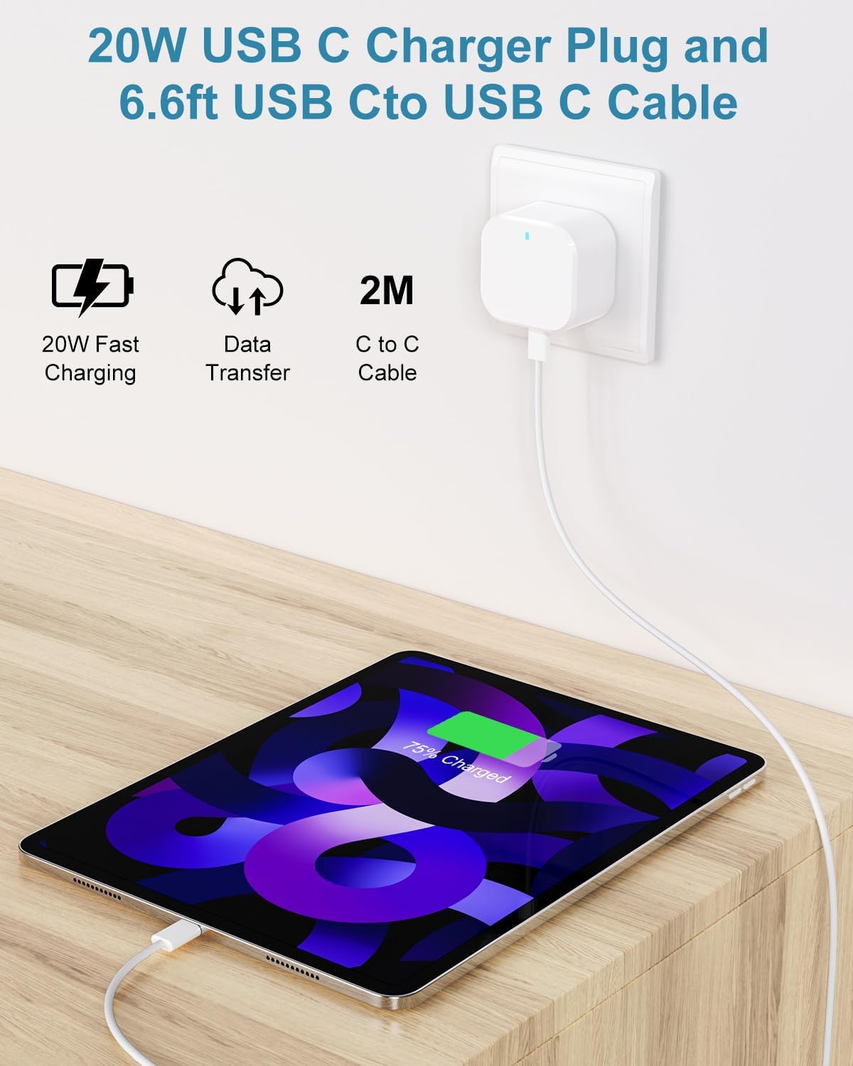 Thumbnail 4 de 2 Pack 20W USB-C Fast Charger for iPhone 15/16/17 and iPad with 2m USB-C Cable (White)