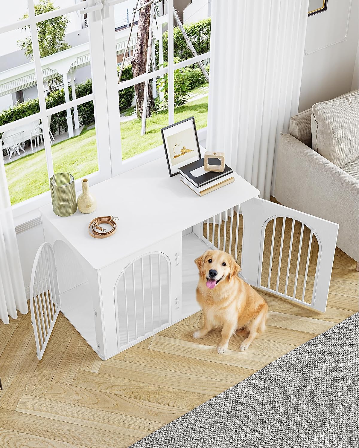 Detalle de Hzuaneri Hundekäfig Möbel DFC86013W – 108 cm Hundebox mit Bogentür und 3 Zugängen