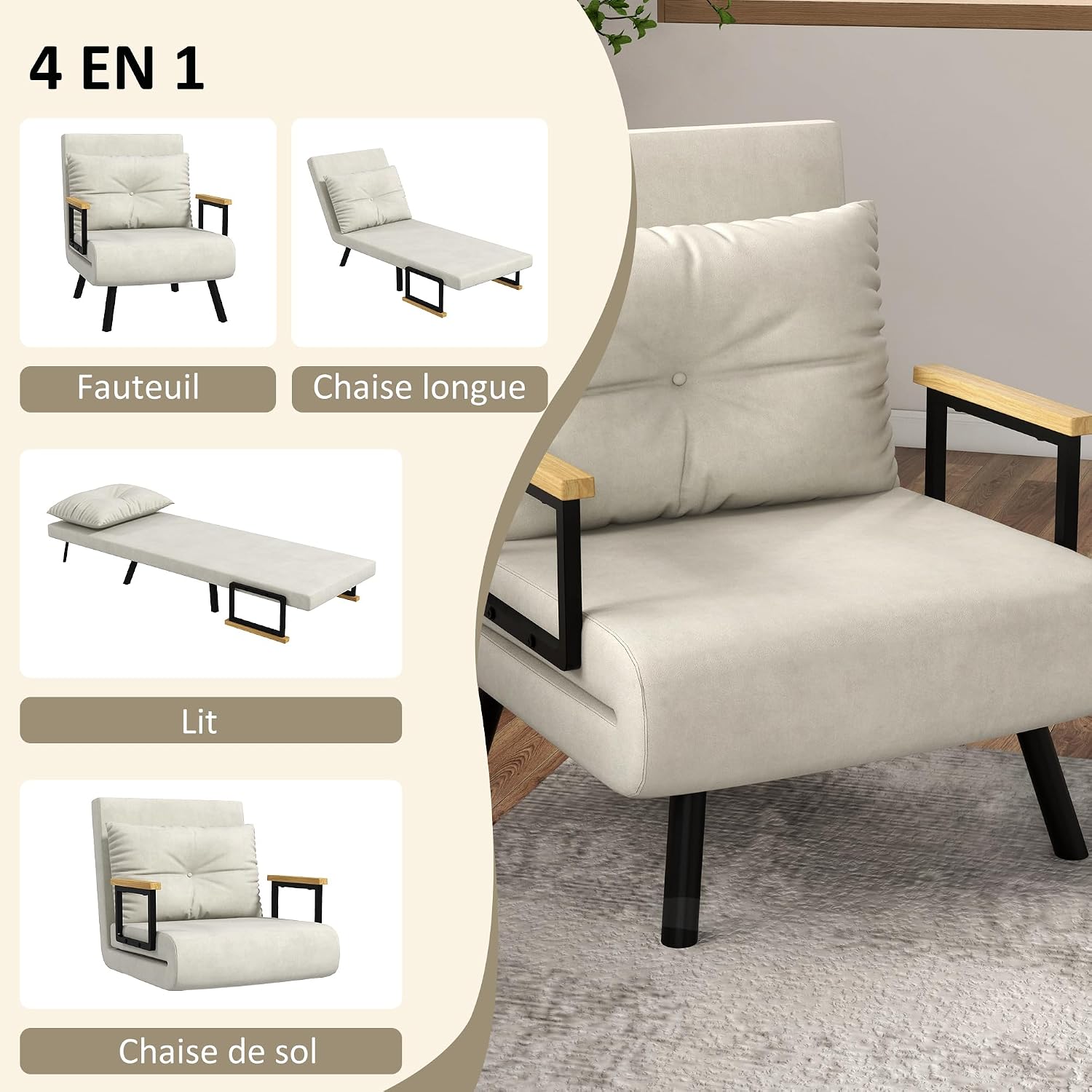 Detalle 2 de HOMCOM Fauteuil convertible 1 place