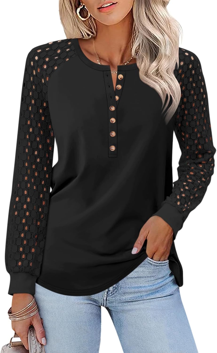 Detalle de Minetom Women's Lace-Sleeve Henley Top, Long Sleeve Cotton Blend