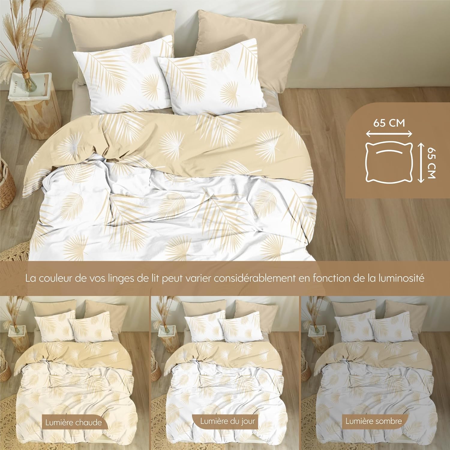 Thumbnail 5 de Dreamzie parure housse de couette 260 x 240 cm microfibre beige blanc avec 2 taies 65 x 65 cm