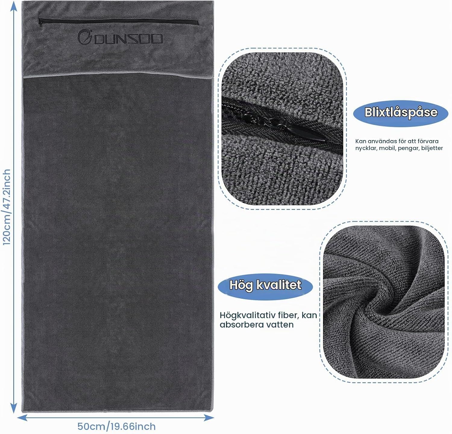 Thumbnail 3 de DUNSOO fitnesshandduk 120 x 50 cm i mikrofiber med ficka med dragkedja
