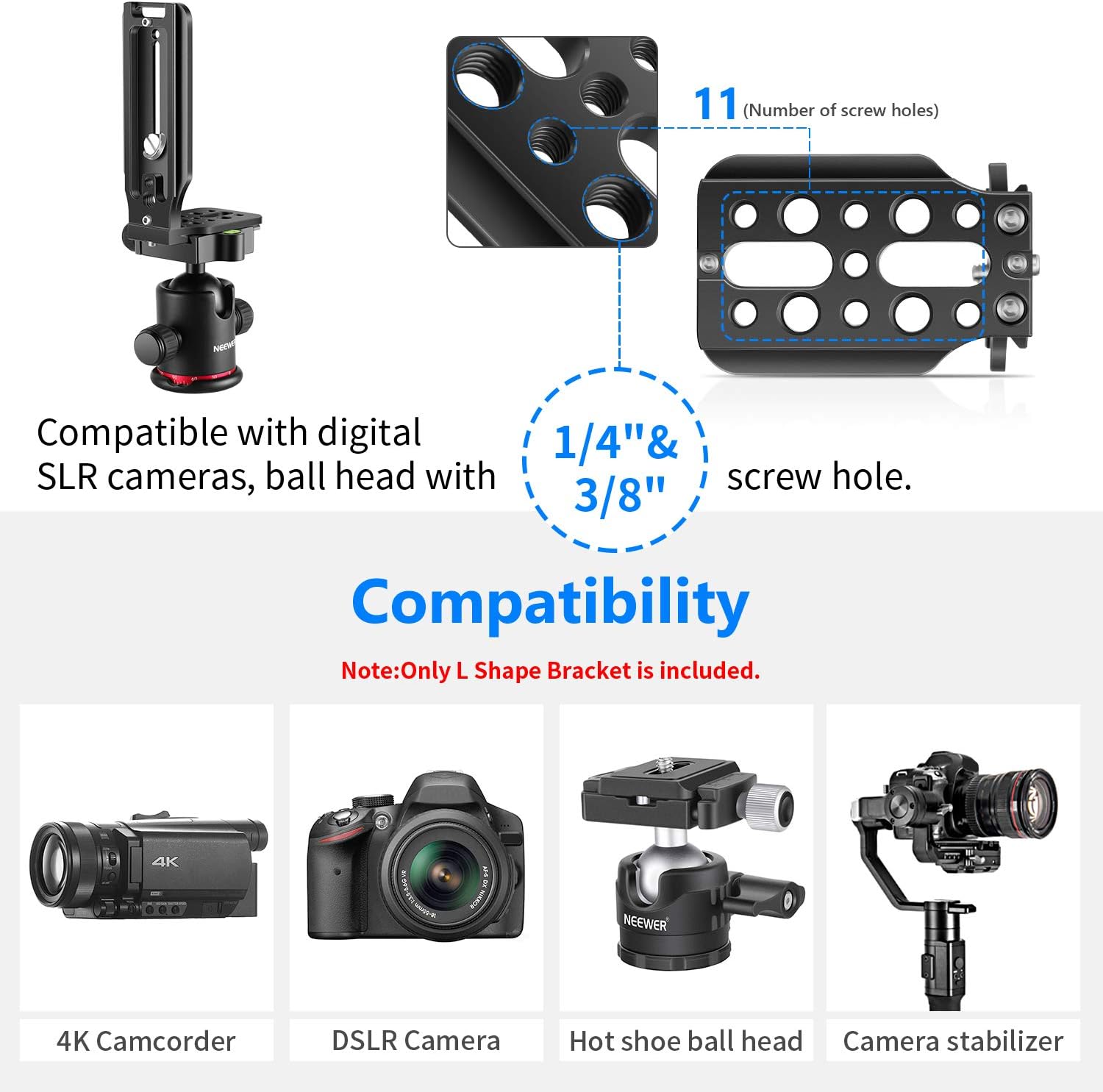 Detalle 2 de NEEWER L-förmige QR-Platte für DSLR mit Arca-kompatiblem QR-Standard (1/4" Schraube)