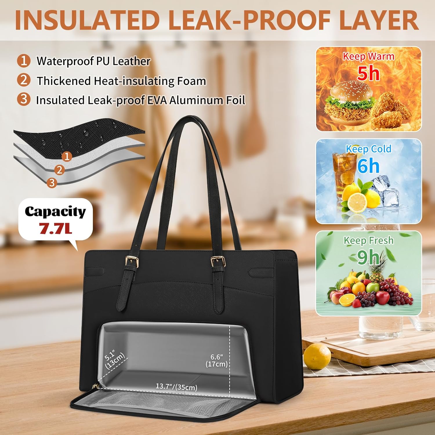 Detalle 2 de RAINSMORE 15.6-inch Laptop Bag for Women with Insulated Lunch Compartment – PU Leather Work Tote