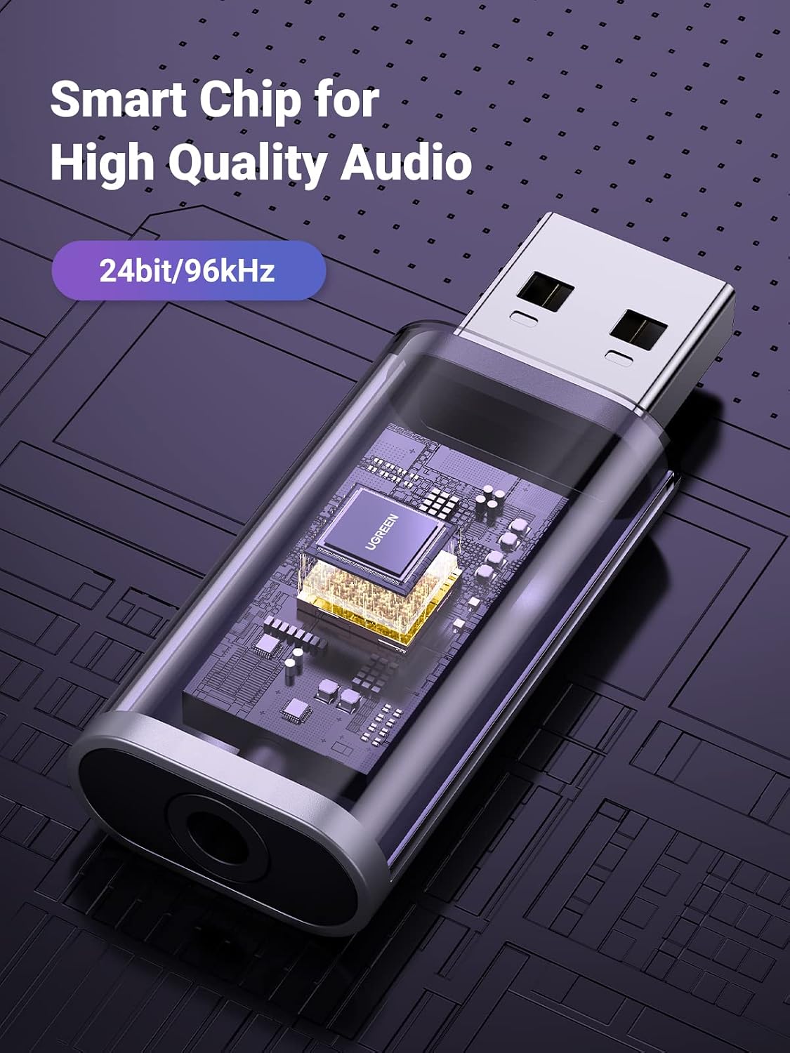 Detalle de UGREEN USB-A naar 3,5mm-audioadapter met gecombineerde TRRS-aansluiting
