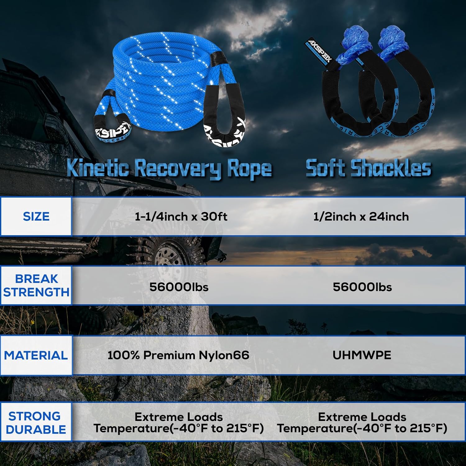 Thumbnail 3 de AXSIPEIX Kinetic Recovery Rope Kit (Reflective) — 1.25in x 30ft, 56,000 lbs, with 2 Soft Shackles