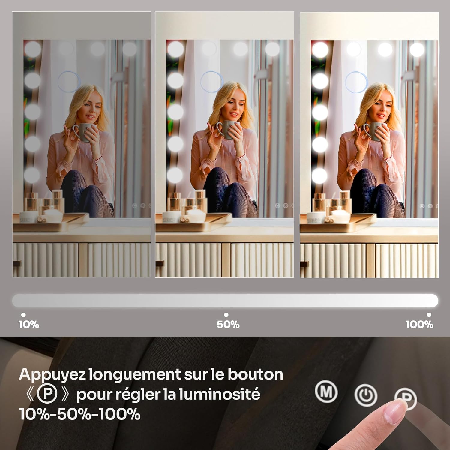 Thumbnail 3 de YU YUSING Hollywood Miroir Maquillage Lumineux 80x62 cm – LED 18 lampes, 3 couleurs, Grossissant 10x, montage mural