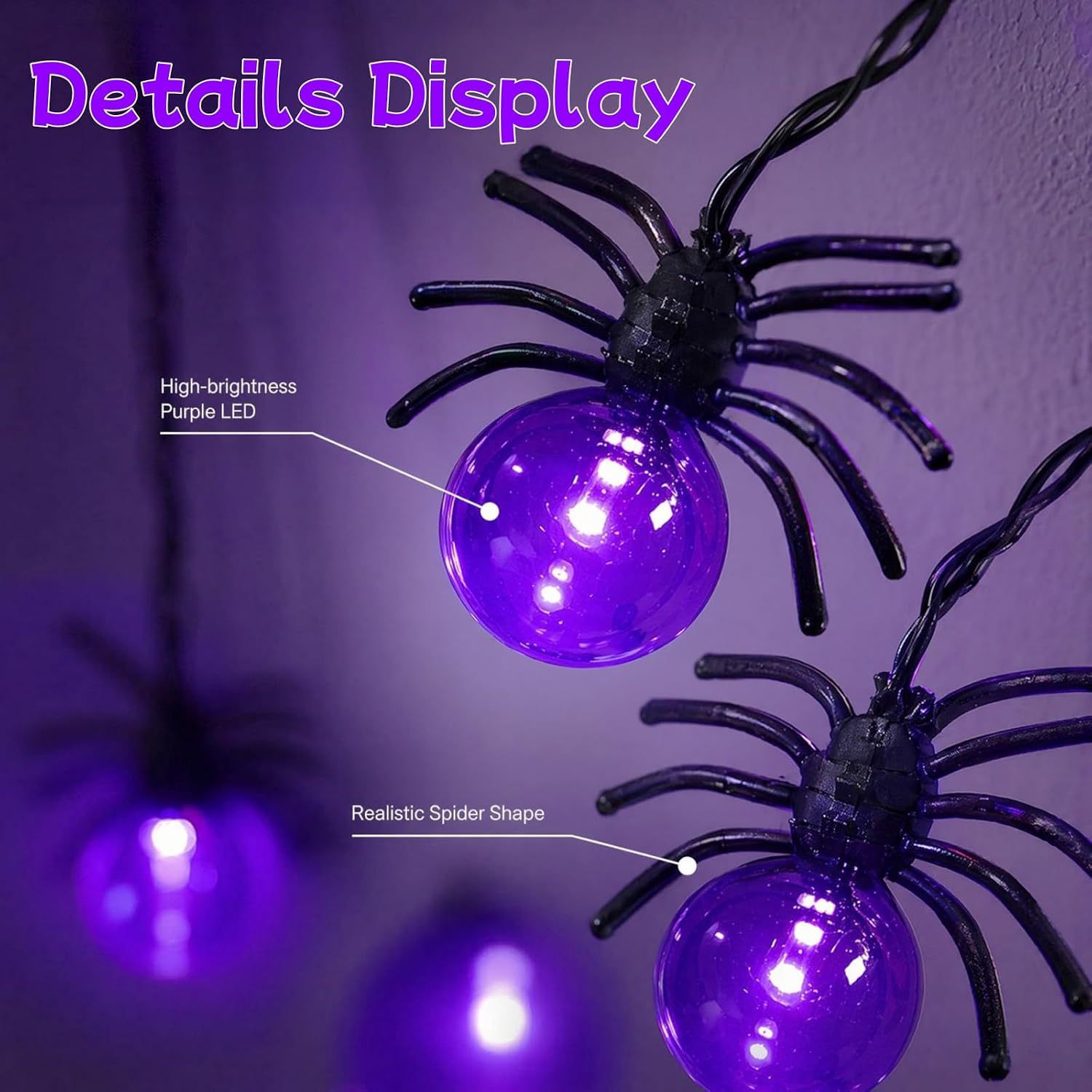 Detalle 1 de Lerphado SSL-001 Purple Spider Halloween String Lights, 10 ft, 20 LEDs