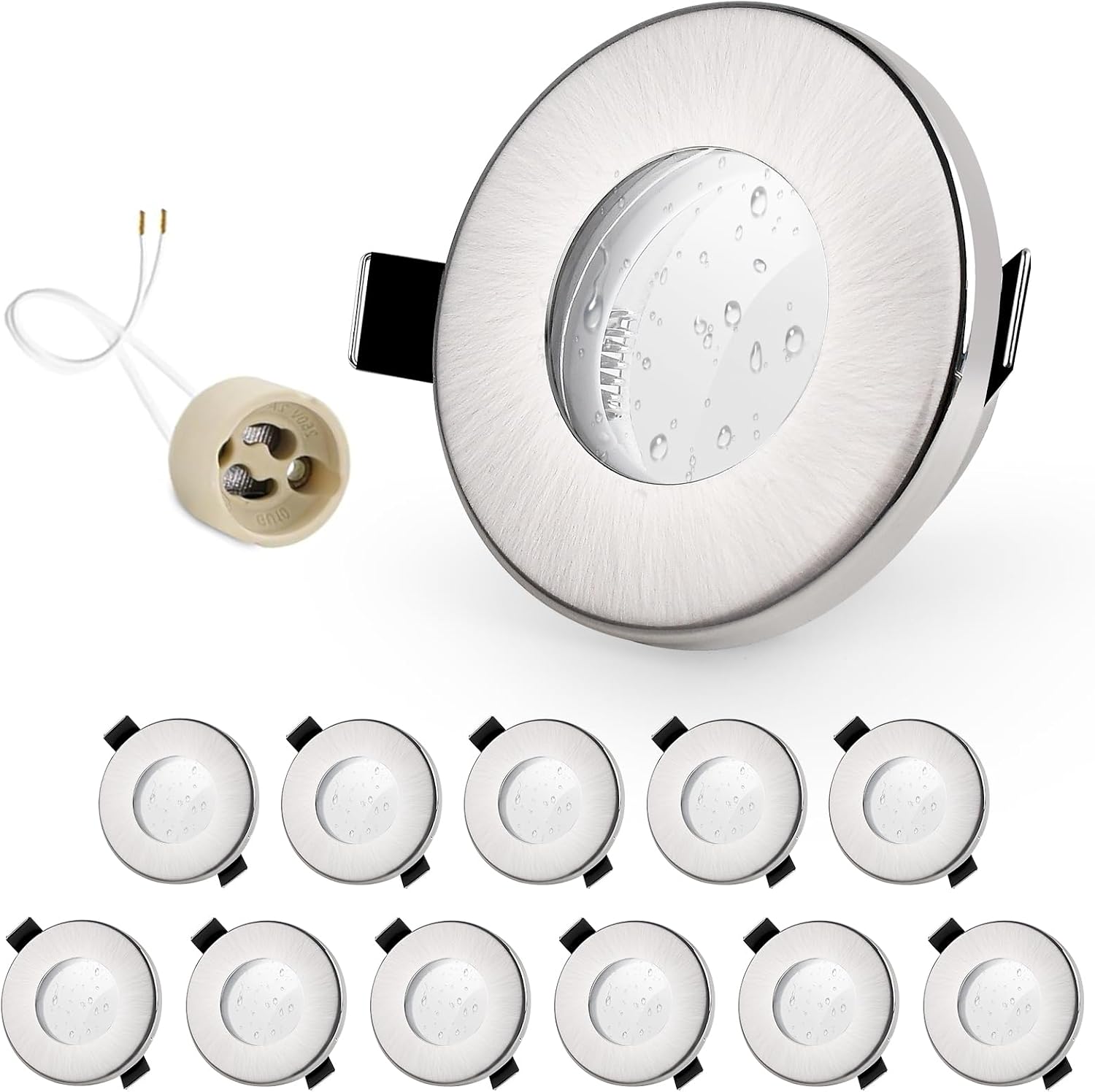 Detalle de GeyouLux 12er Set Einbaustrahler-Rahmen IP65 für GU10 (Eisen Nickel), Lochmaß 68 mm