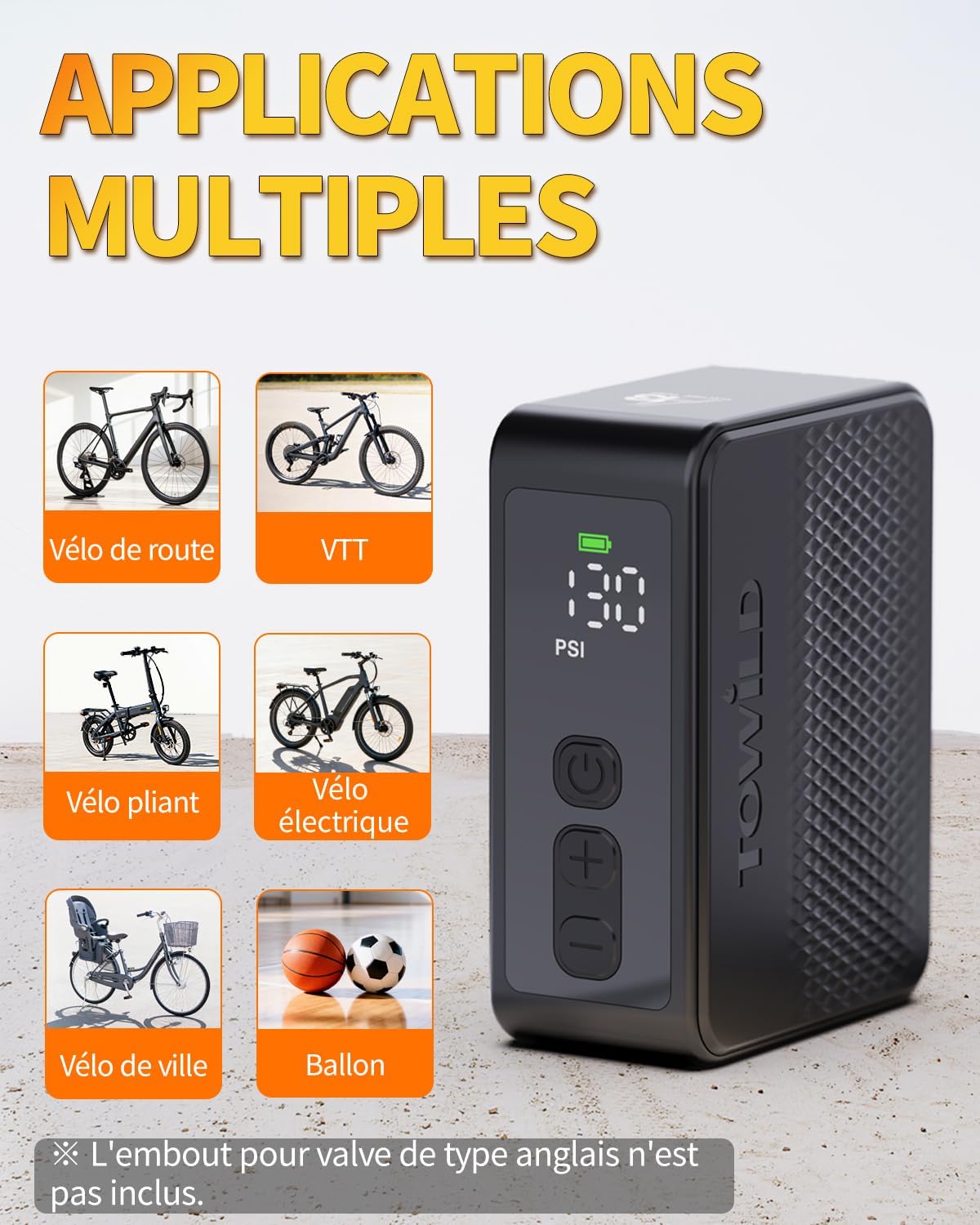 Thumbnail 6 de TOWILD A13 – Mini pompe à vélo électrique portable jusqu’à 130 PSI, compatible Presta & Schrader, recharge USB Type-C