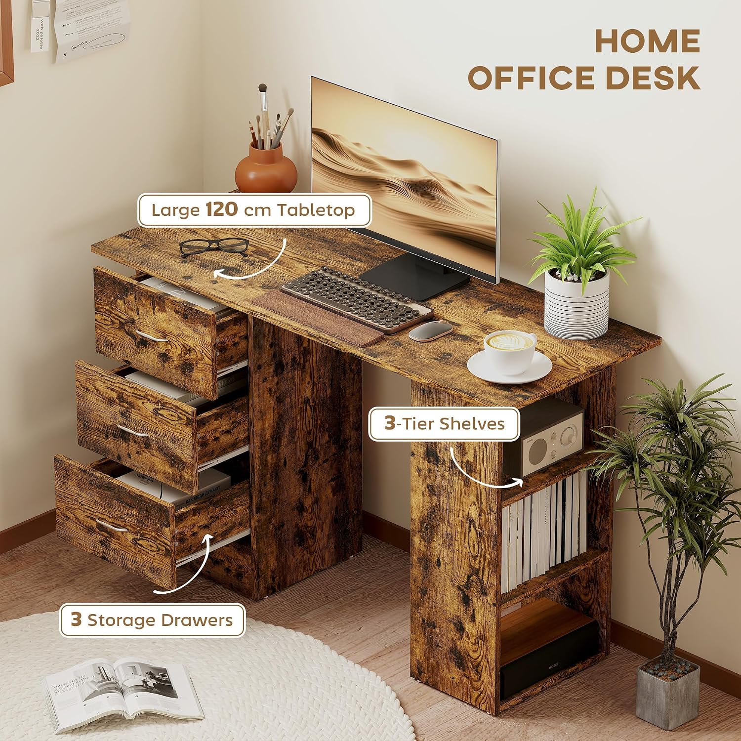 Thumbnail 3 de HOMCOM Computer Desk with Drawers (120 x 49 x 72 cm) in Rustic Brown