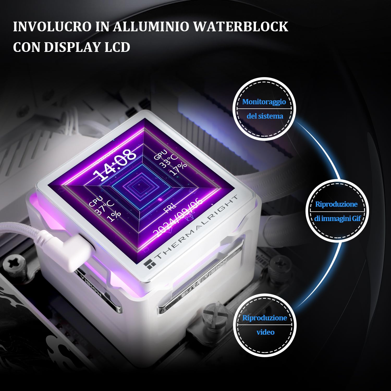 Detalle 2 de TR Elite Vision 360 ARGB White liquid CPU cooler con display IPS LCD 2,73" (360 mm) per AM5 e Intel 1700/1851