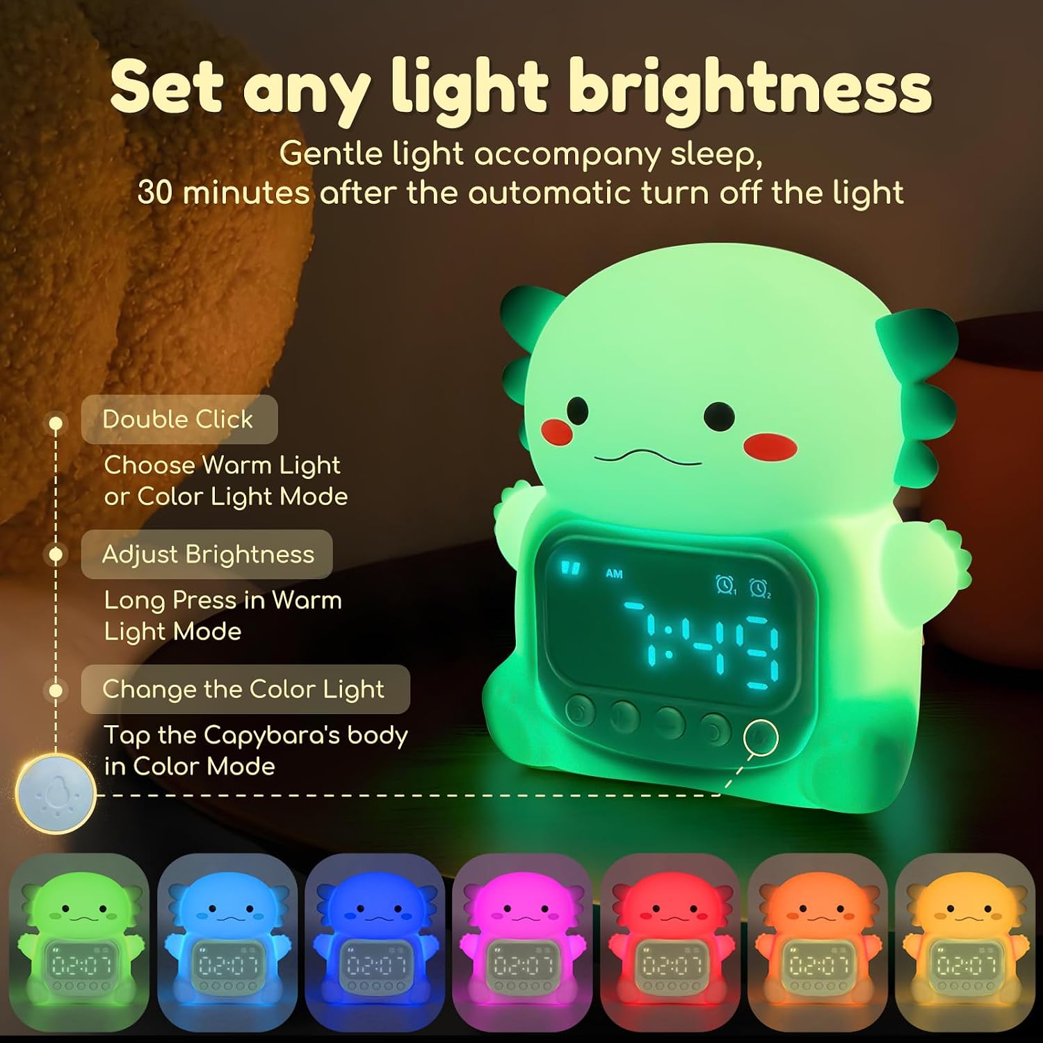 Thumbnail 2 de Yiliaw Axolotl Alarm Clock with Night Light for Kids (Green) with USB Recharge