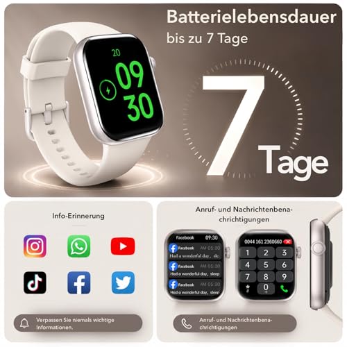 Detalle de AOYBWK Smartwatch Damen/Herren – 1,85" HD Touch Fitnessuhr mit Telefonfunktion, 140+ Sportmodi, IP68 Wasserdicht
