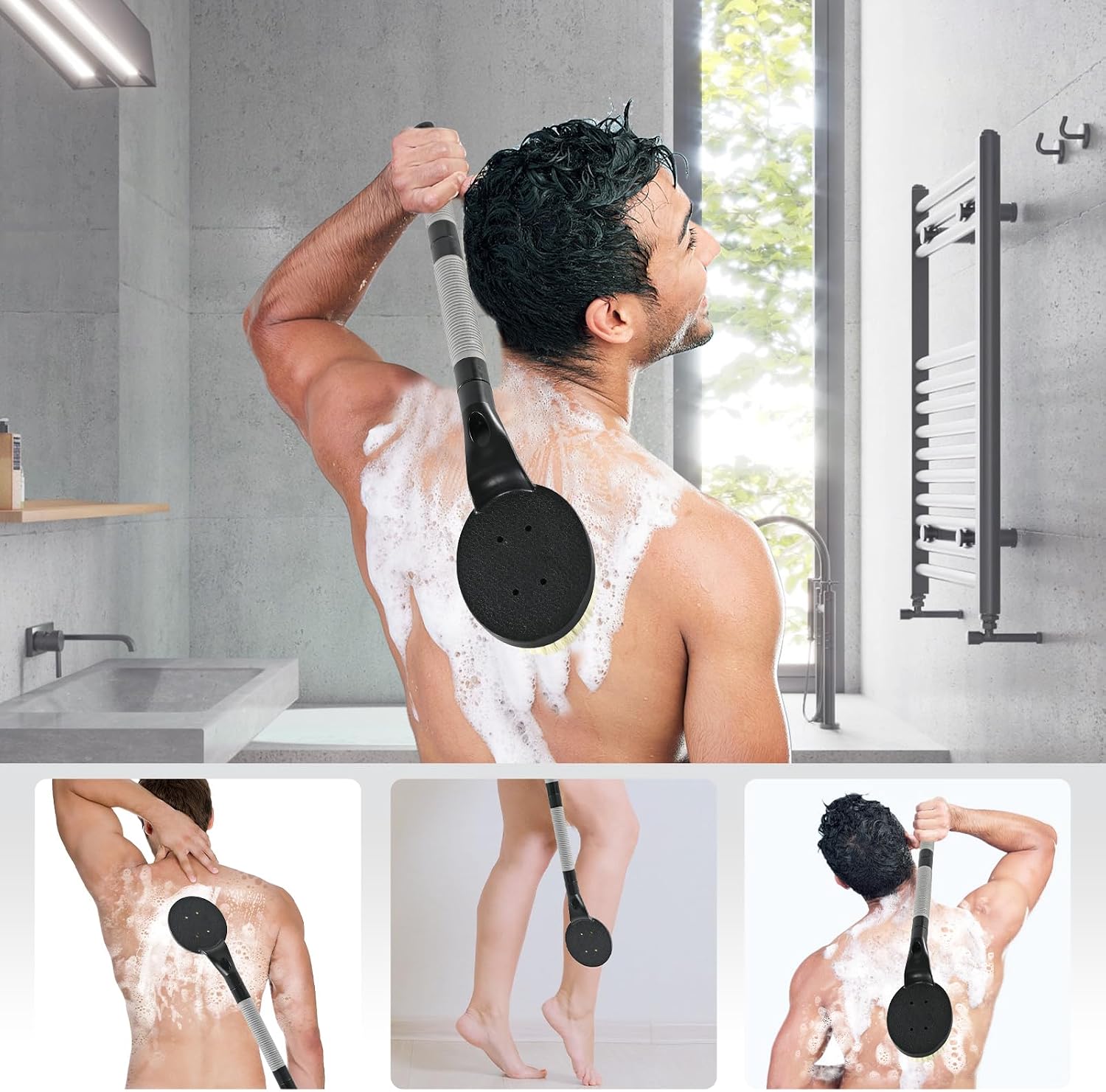 Detalle de BTideas Non-Slip Shower Back Scrubber, 21.7 Inch Detachable Bath Brush