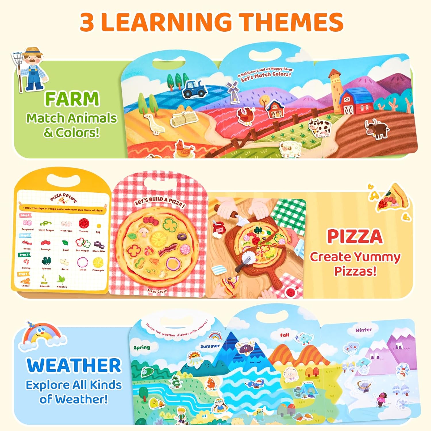 Detalle de JoyCat Reusable Sticker Book Set (3-Pack): Farm, Pizza-Making, Weather