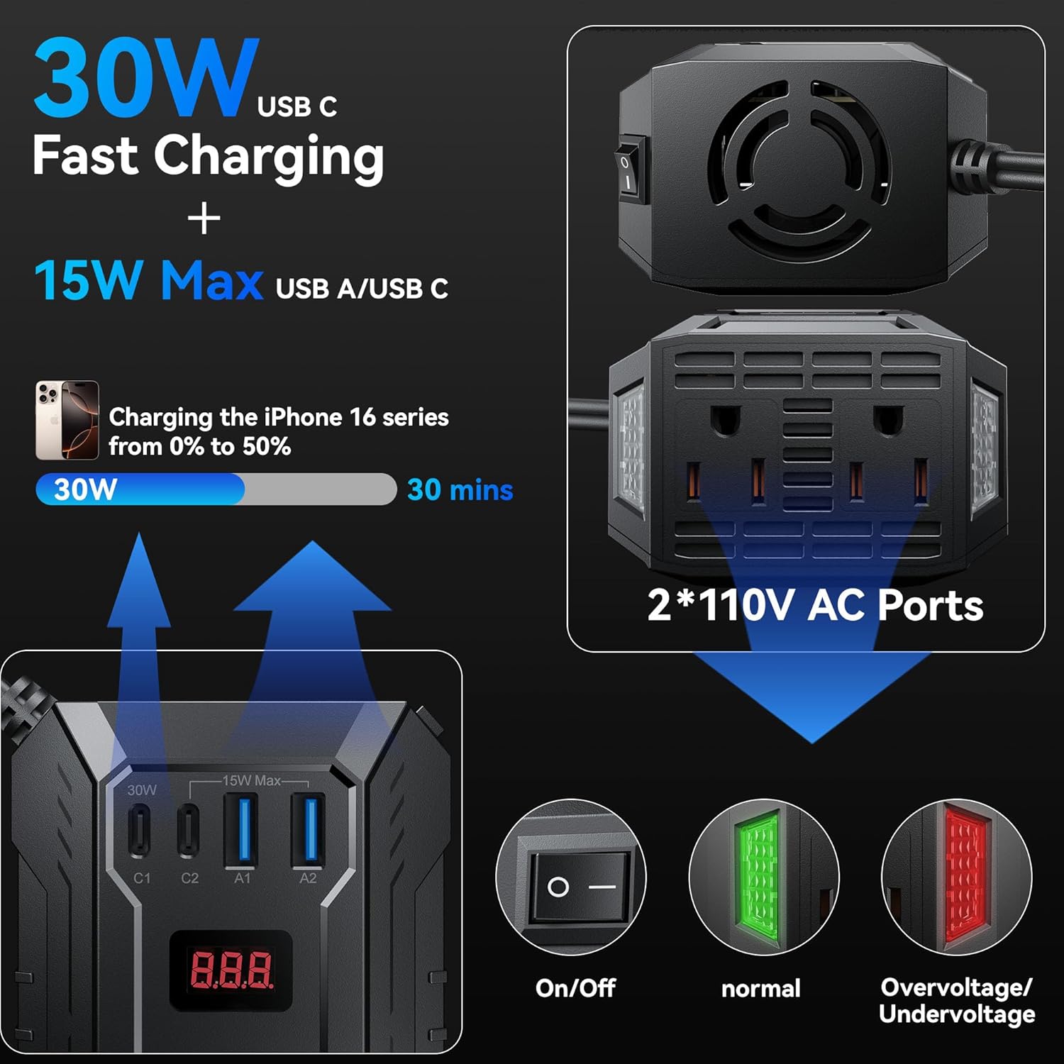 Thumbnail 2 de 400W Car Power Inverter (DC 12V to 110V AC) with 30W/15W USB-C, 2 USB-A & 2 AC Outlets