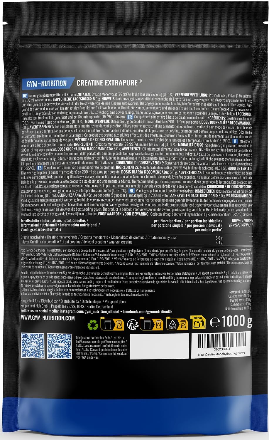 Detalle 2 de Creatine Monohydrate Poudre 1 kg Extrapure® avec inuline (vegan) – fabriquée en Allemagne
