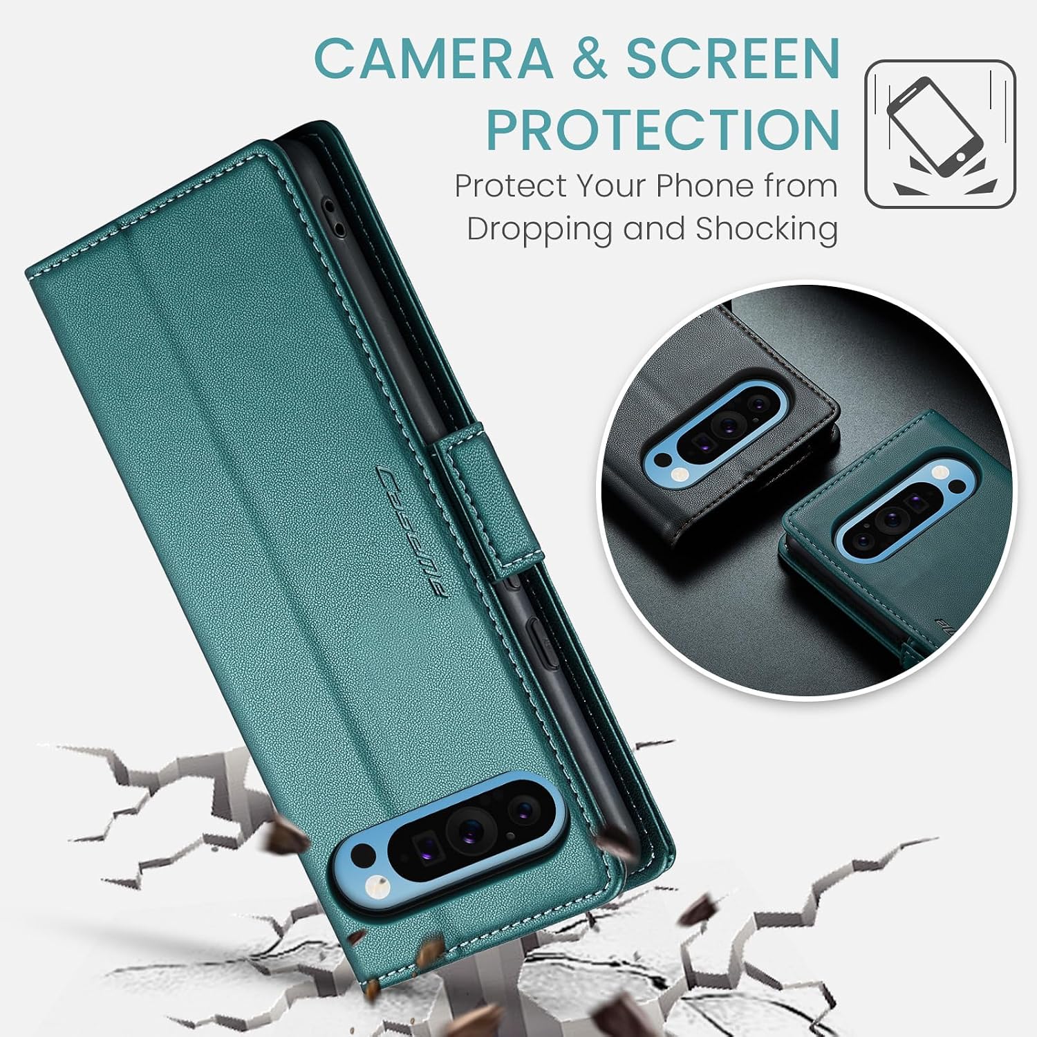 Thumbnail 5 de Phernykas Leder-Flipcase für Google Pixel 9 Pro XL – 360° Stoßfest, Standfunktion, Kartenfächer (Blaugrün)