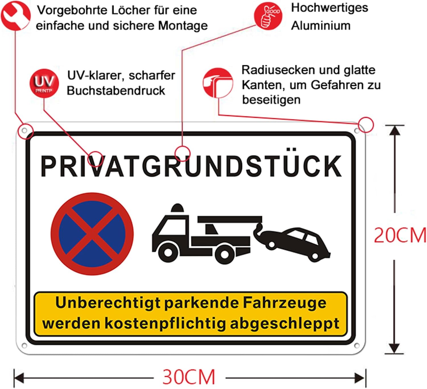 Thumbnail 1 de 2er-Set Privatgrundstück Schilder „Parken Verboten“ (30 x 20 cm) aus Aluminium, UV-geschützt, mit vorgebohrten Löchern