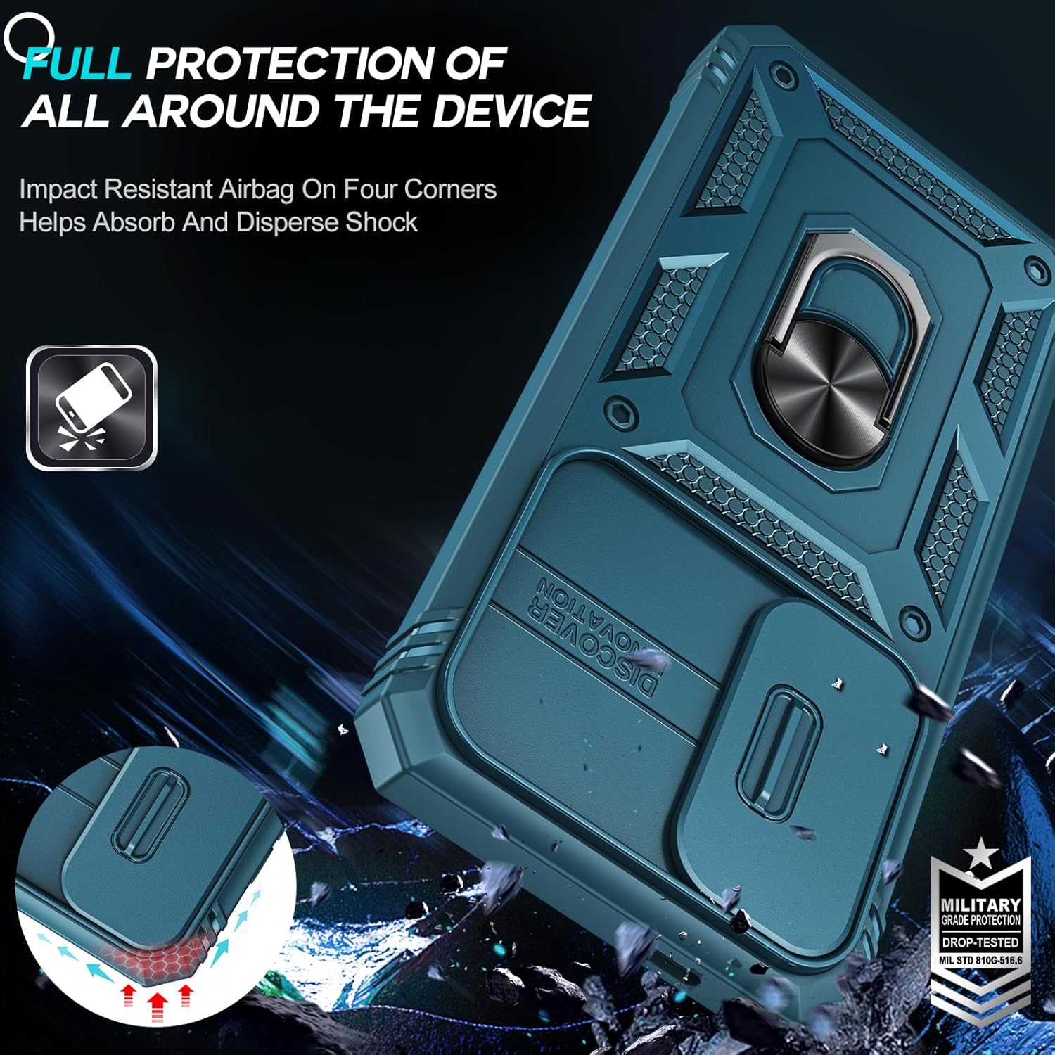 Thumbnail 5 de LeYi Military Shockproof Case for Samsung Galaxy S25 with Slide Camera Cover, Tempered Glass & Ring Stand (Blue)