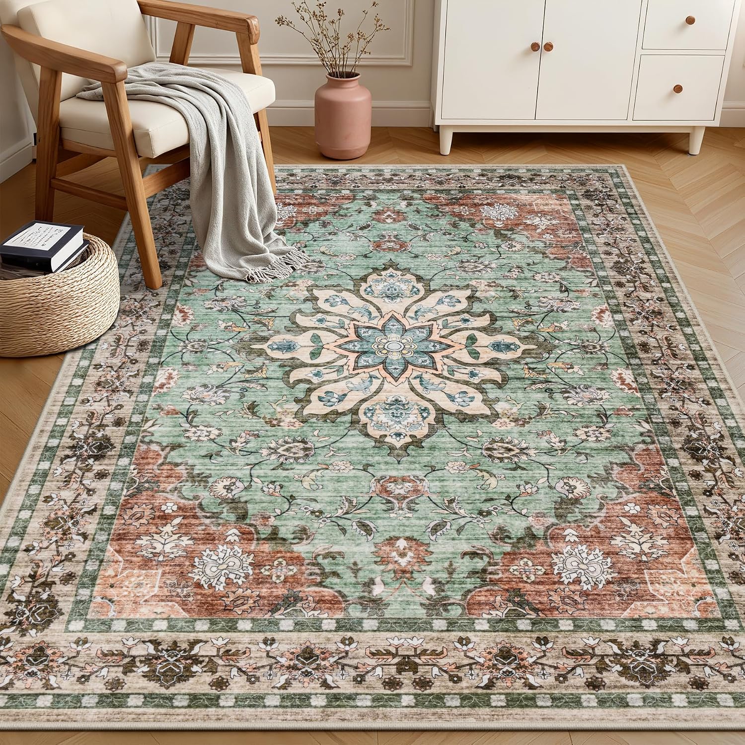 Detalle de 6x9 Washable Vintage Distressed Floral Rug