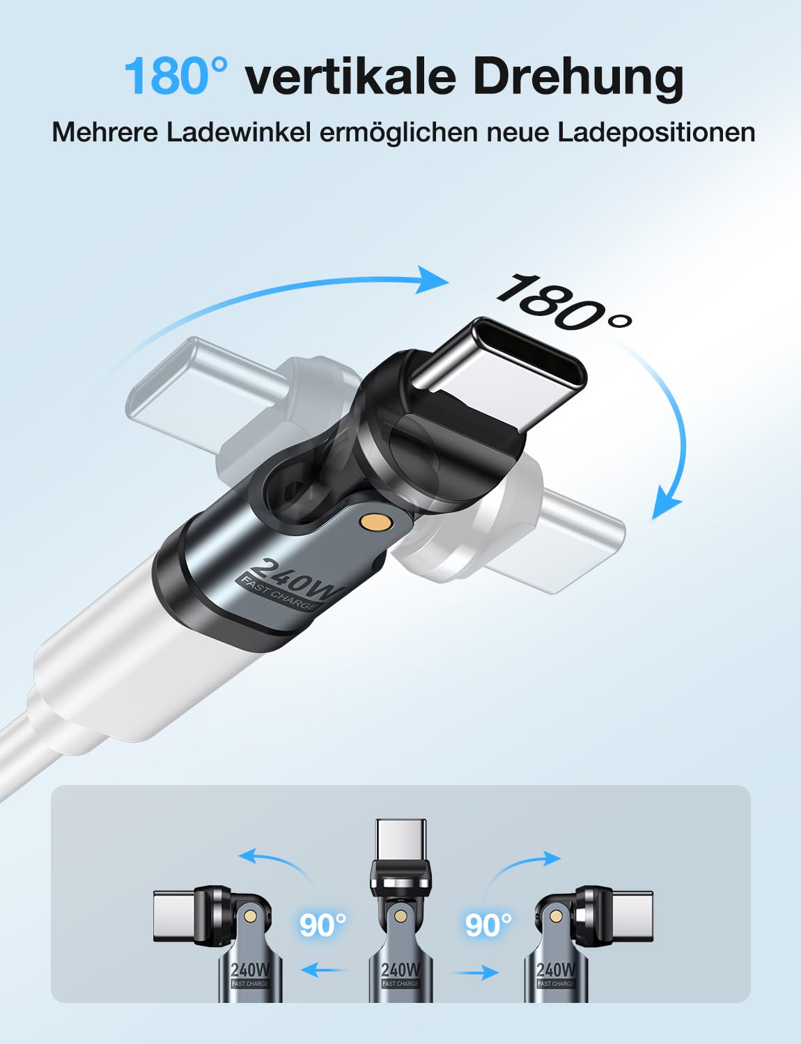 Detalle de AUFU 240W USB-C auf USB-C Adapter, 90° Winkelstecker (3er Pack) – PD-Schnellladung & 540° Drehung