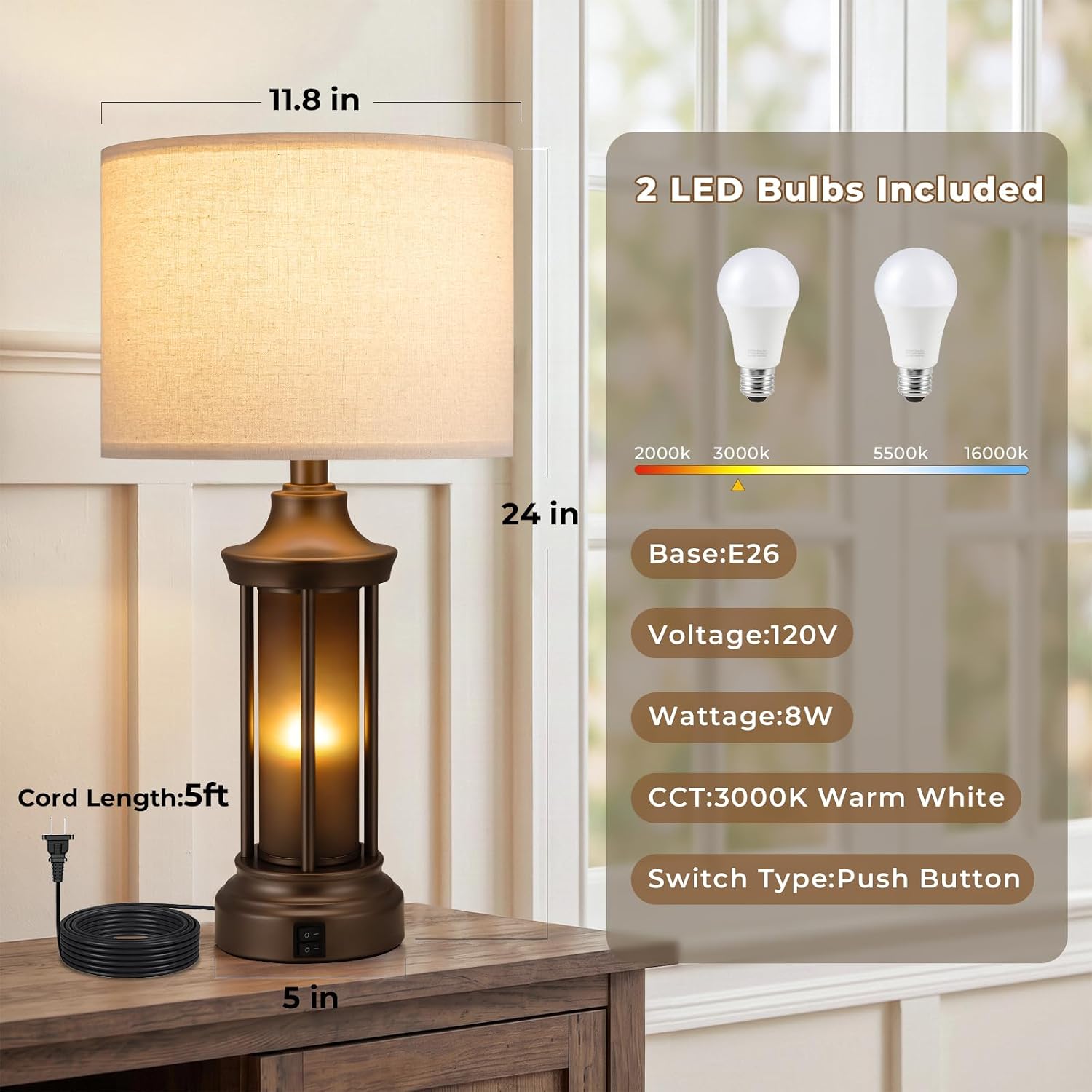 Detalle de Seealle jinshudeng2-2 Table Lamps, Set of 2, 24-Inch with Linen Shades and Dual Lighting