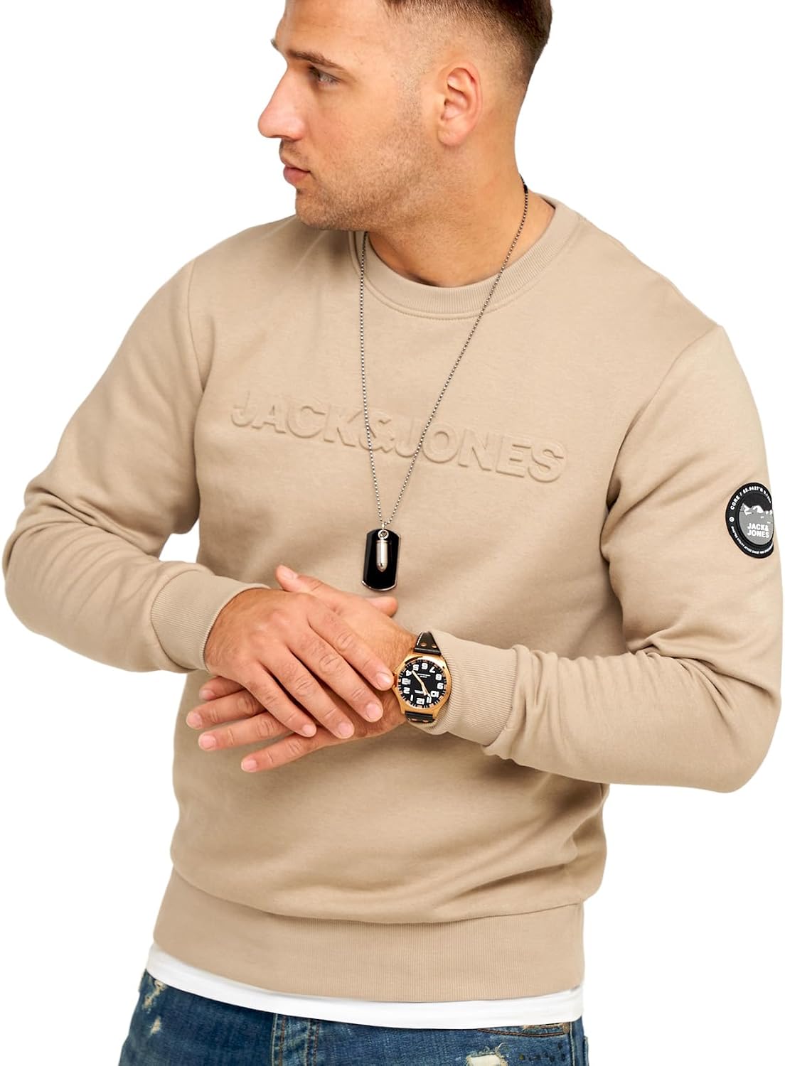 Detalle de JACK & JONES Infinity Herren Sweatshirt Austin Pullover – Rundhals, Logo auf der Brust, Baumwoll-Mischung