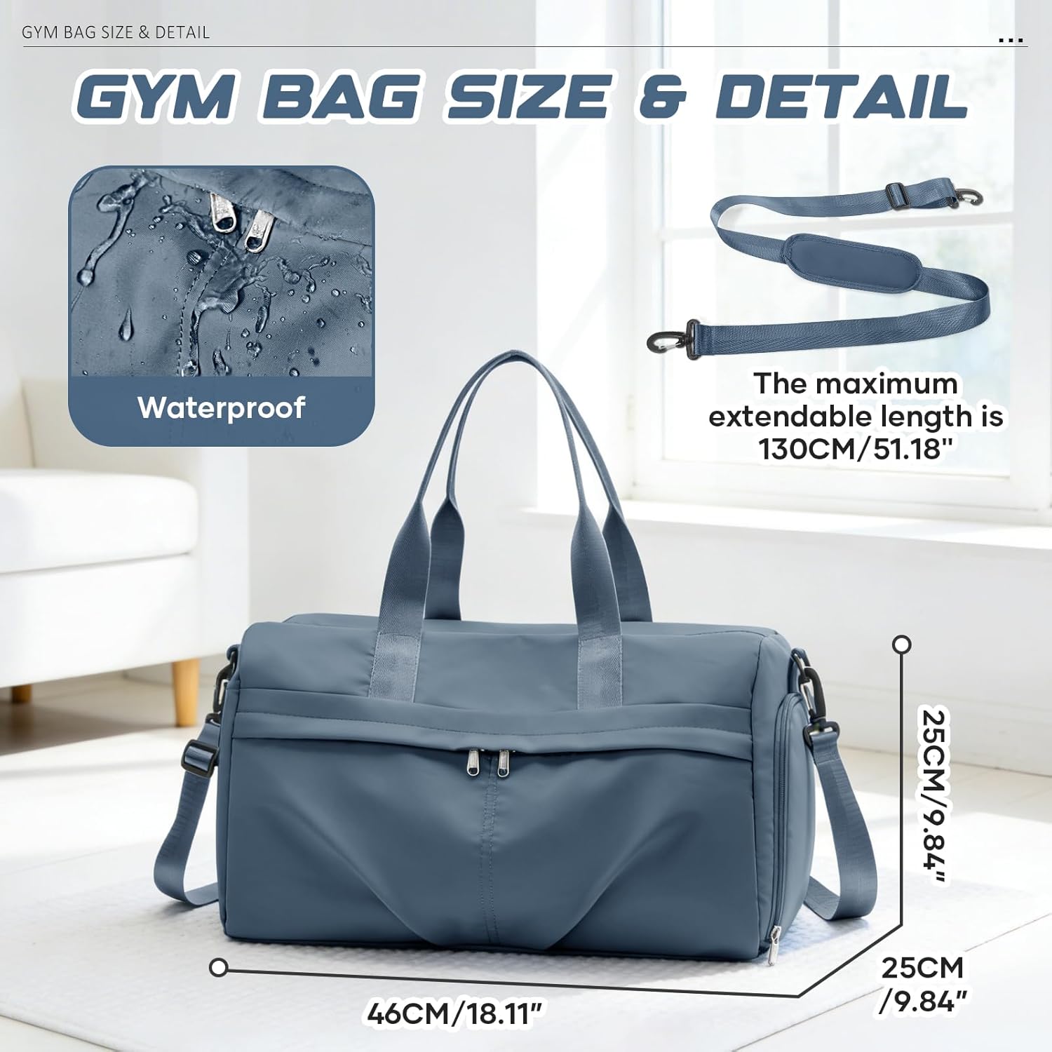 Detalle de WEPLAN Sporttasche D2-Königsblau – Wasserdichte Weekender- und Reisetasche mit Schuhfach