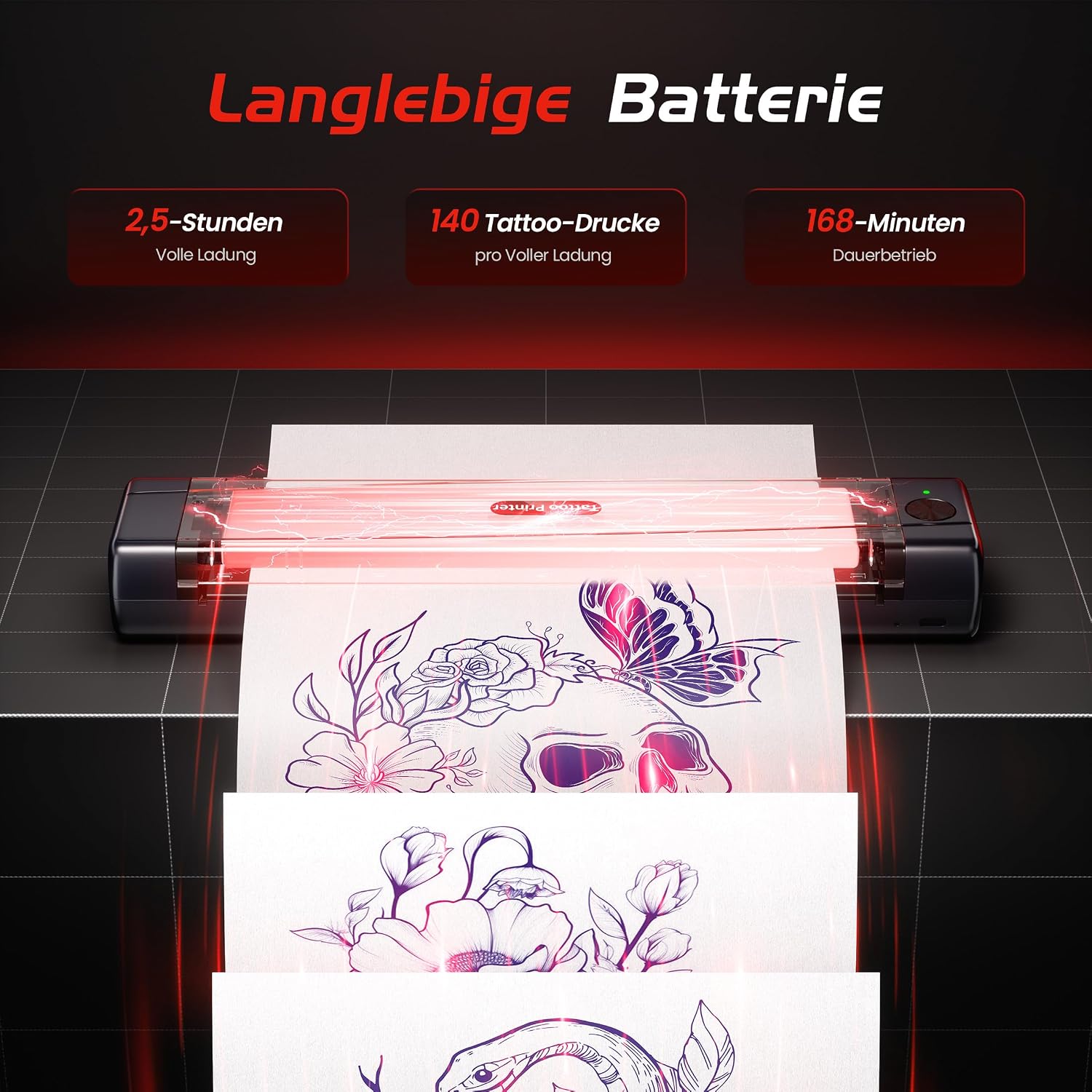 Detalle de TATTMUSE Tattoo Drucker Bluetooth – Schablonen-Nadeldrucker mit 100 Blatt Transferpapier (A887)