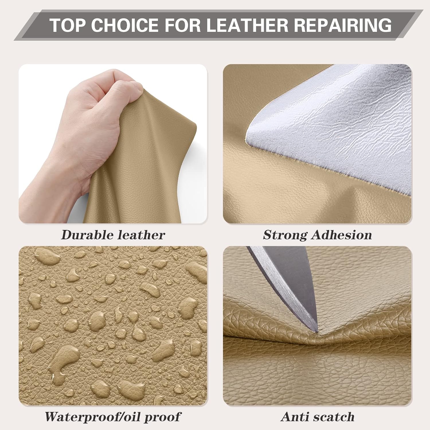 Thumbnail 2 de YAFLC Kunstleder selbstklebend Mittelbeige (21 x 28 cm) – Leder-Patch Reparaturset für Sofa, Autositz & Co.