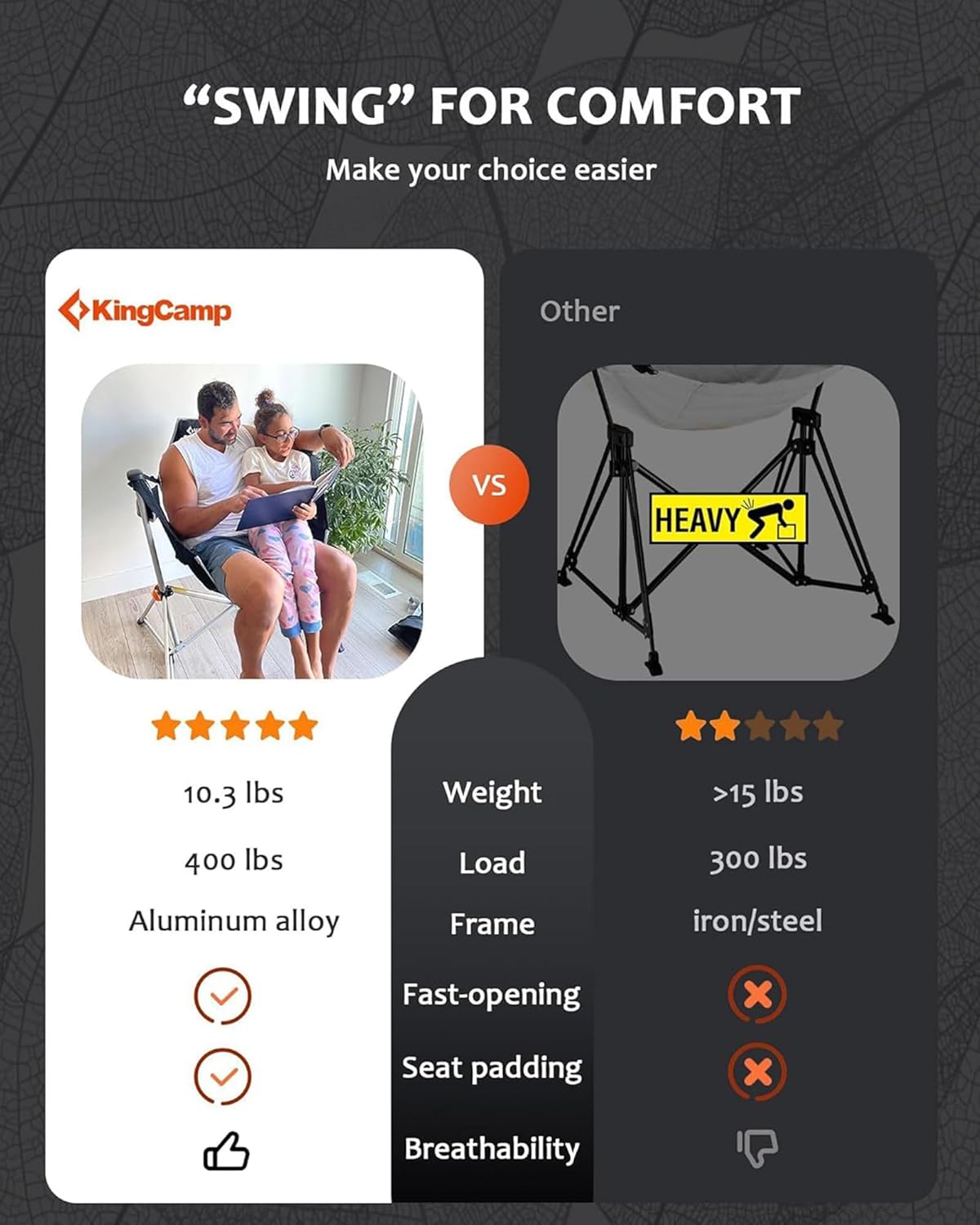 Thumbnail 5 de KingCamp Hammock Camping Chair with Adjustable Recline (Up to 400 lbs) — Oversized Portable Rocking Camp Chair