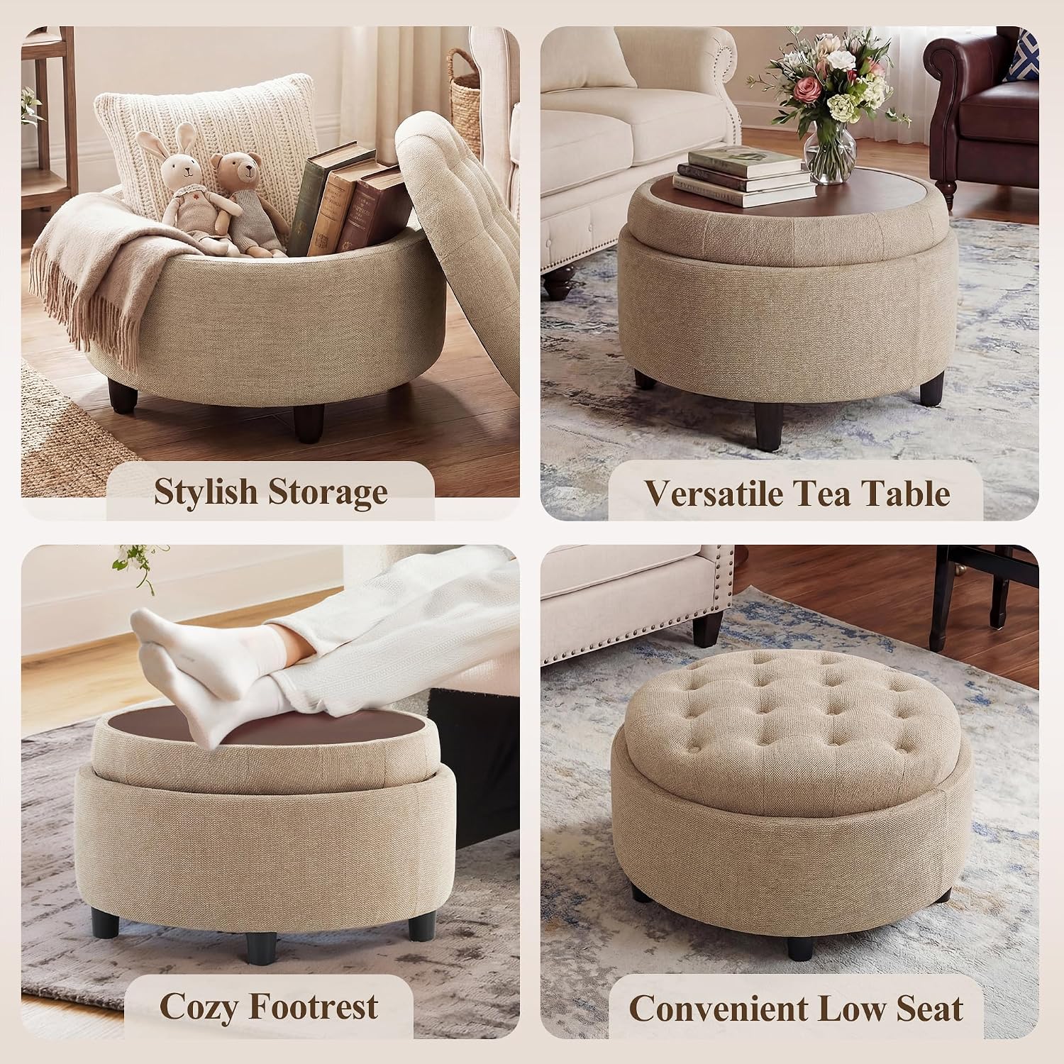 Detalle de COLAMY VC-K311-CAM-FB Round Storage Ottoman with Reversible Tray Lid, Camel