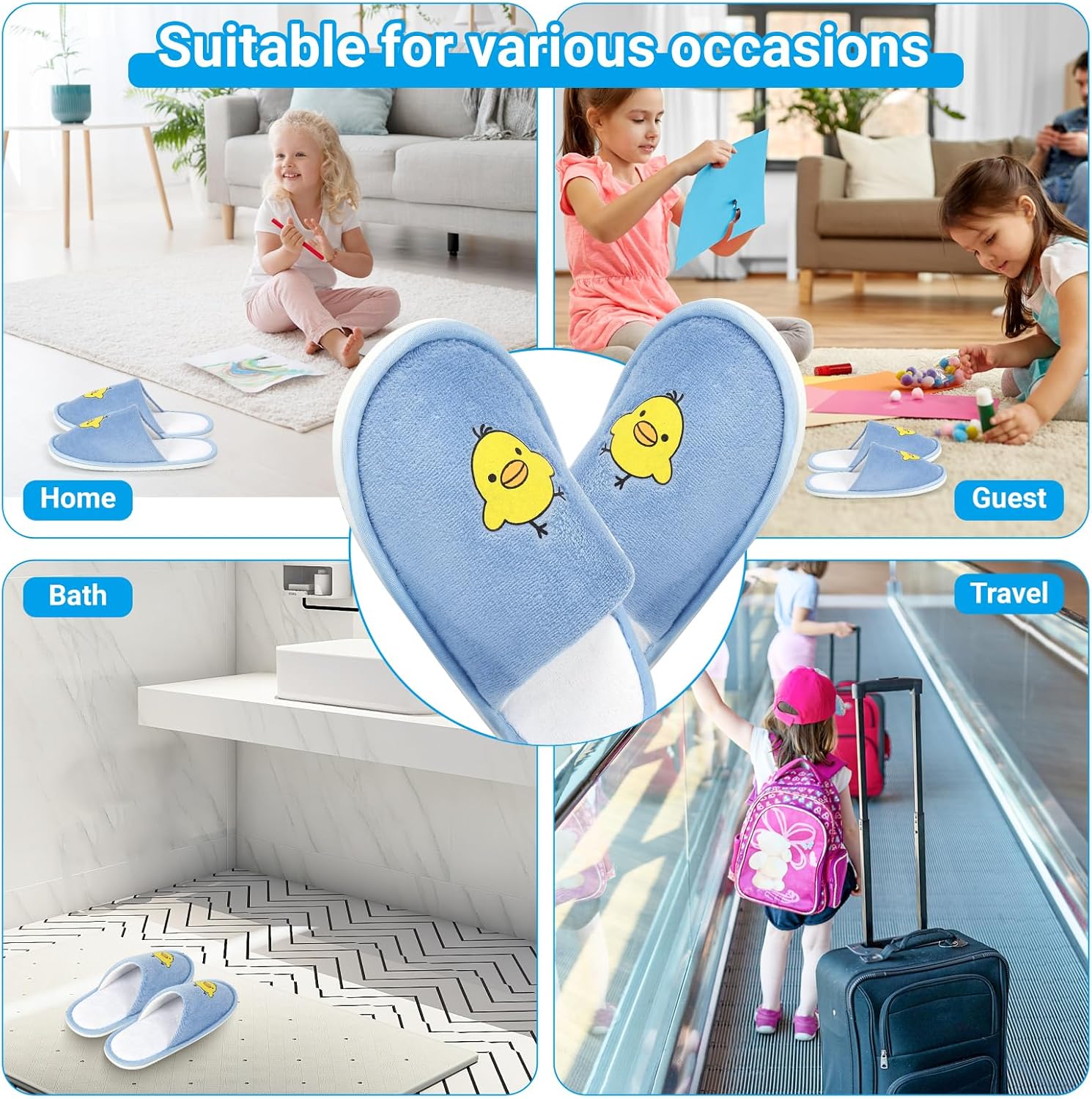 Detalle 1 de NUHUi 6 Pairs Kids Disposable Spa Slippers (Blue, Chicken Face) for Ages 4.5–5 Years