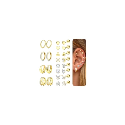 Detalle de CASSIECA 12Pairs Flat Back Earrings – Hypoallergenic 316L Steel with 14K Gold Plating