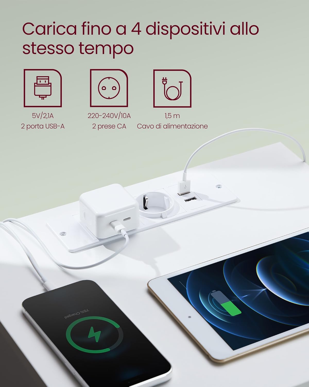 Detalle 2 de VASAGLE Kailyn Collezione - Comodini con Ciabatta Elettrica, Set di 2, bianco nuvola LET821W02