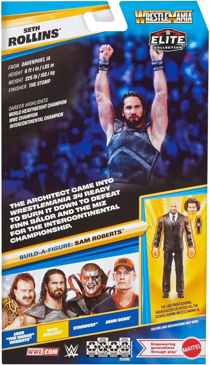 Detalle de Mattel WWE Elite Collection Seth Rollins Premium Live Event – Action figure WrestleMania con pezzi per Sam Roberts