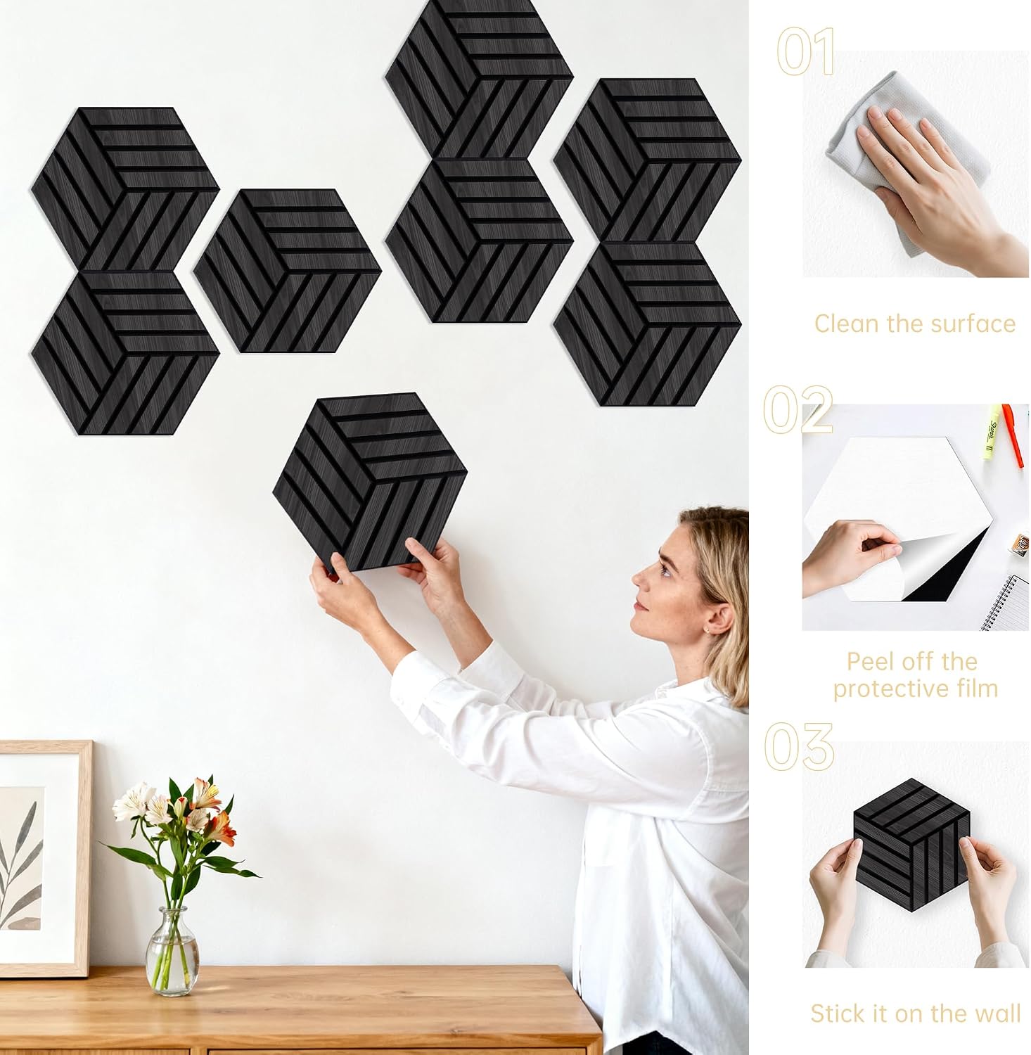 Thumbnail 5 de Mollywell Black Oak Hexagon Acoustic Panels, Self-Adhesive, 12 Pack
