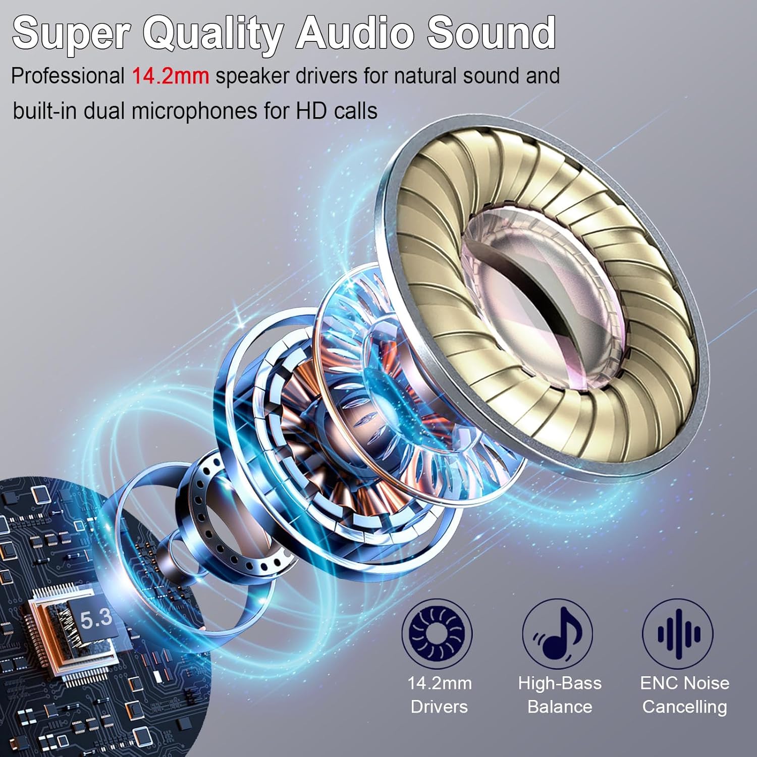 Detalle de Écouteurs Bluetooth sans fil Bluetooth 5.4 avec ENC, HiFi stéréo et réduction de bruit (jusqu’à -48 dB) — 30 h, IP7
