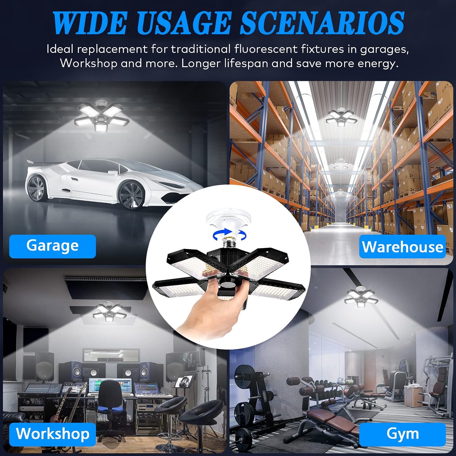 Thumbnail 6 de BNGGOGO 2 Pack 150W Deformable LED Garage Light with 5 Adjustable Panels (GOLEDLLT03UP)
