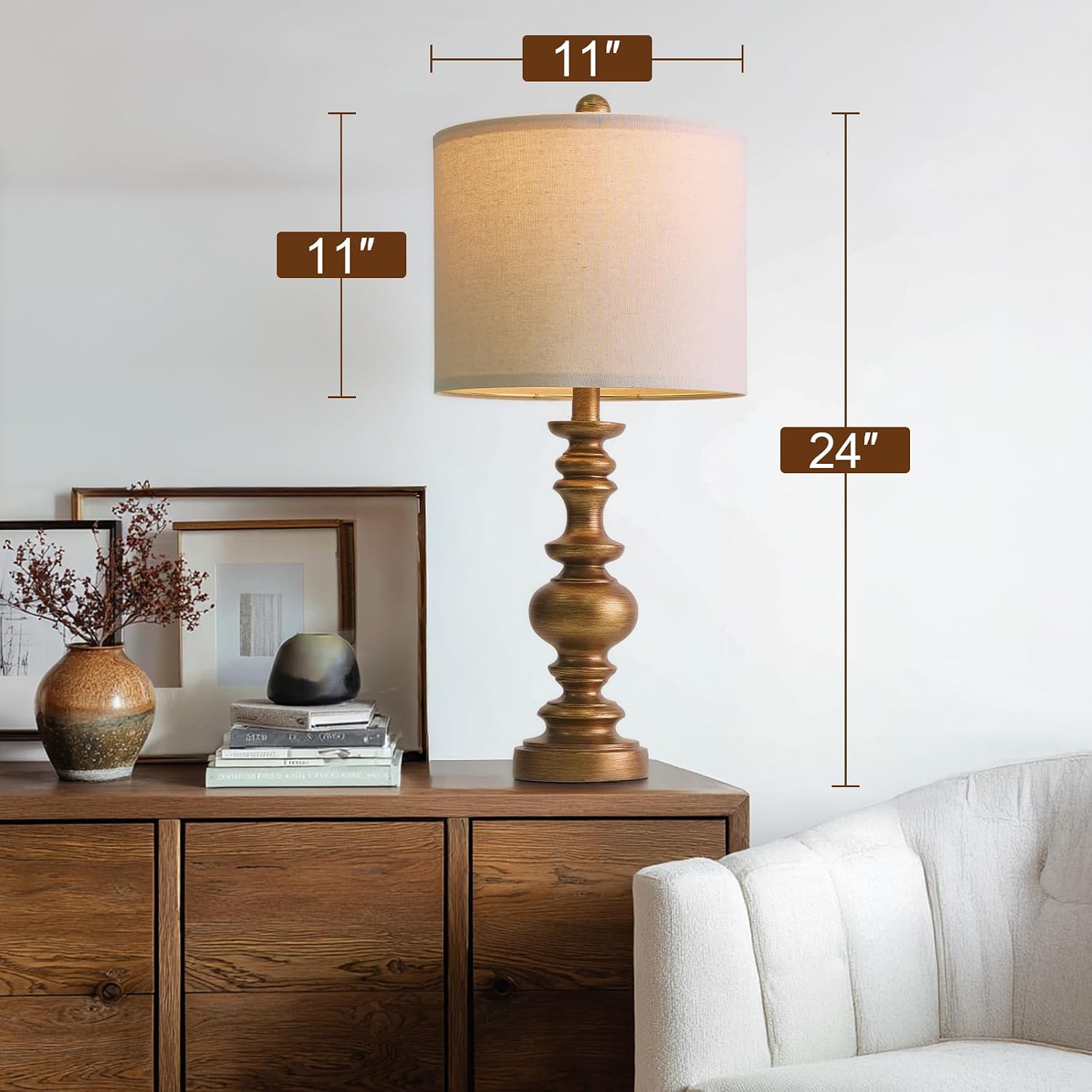 Detalle 2 de BOBOMOMO AMZ-T2026M-AGL Table Lamps, Set of 2, 24-Inch Antique Gold, Linen Shades