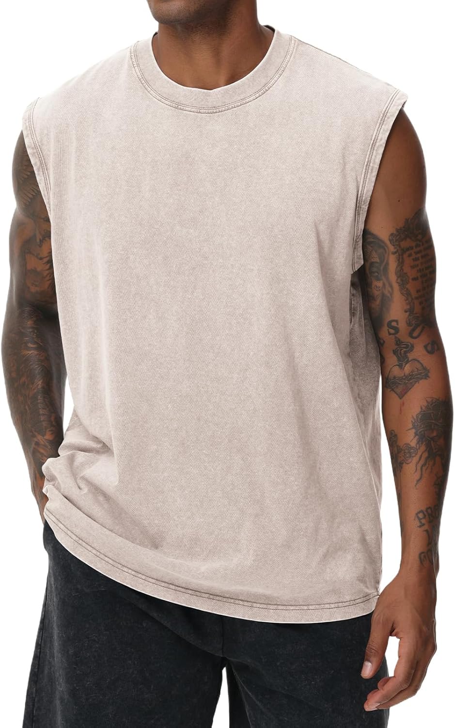 Detalle de Herren Kurzarm Sommer ärmelloses Fitness-Shirt „Washed“ aus Baumwolle – Muskelshirt fürs Training