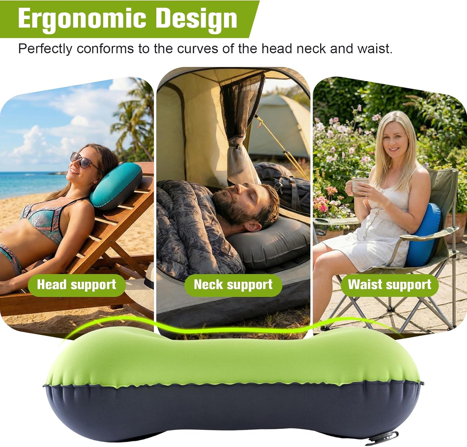 Detalle de JetsCush Camping Kissen Aufblasbar Ultraleicht – Ergonomisches Reise-Kopfkissen in Grün