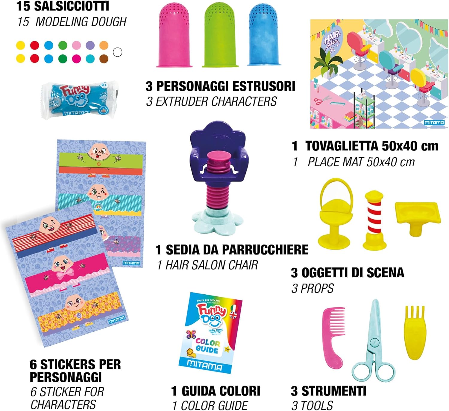 Detalle 2 de Mitama Funny Doo – Kit de Jeu de Coiffeur avec 15 Pots de pâte à modeler et Accessoires