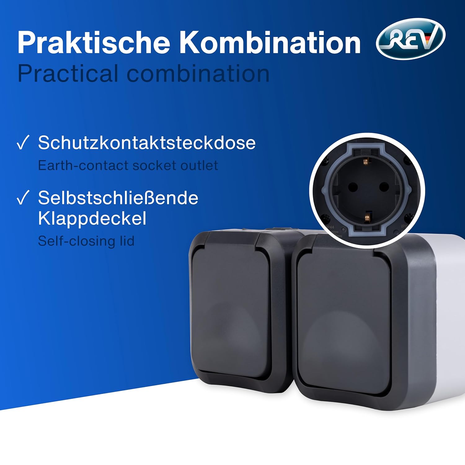 Detalle de REV AquaStorm: 2‑fach Aufputz-Feuchtraumsteckdose IP55, anthrazit, 230V / 16A
